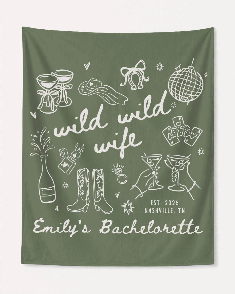 Matching bachelorette party banner for the Wild Wild Wife crew, hand-drawn doodle art with bride name, year, and destination city customizable for any weekend getaway.