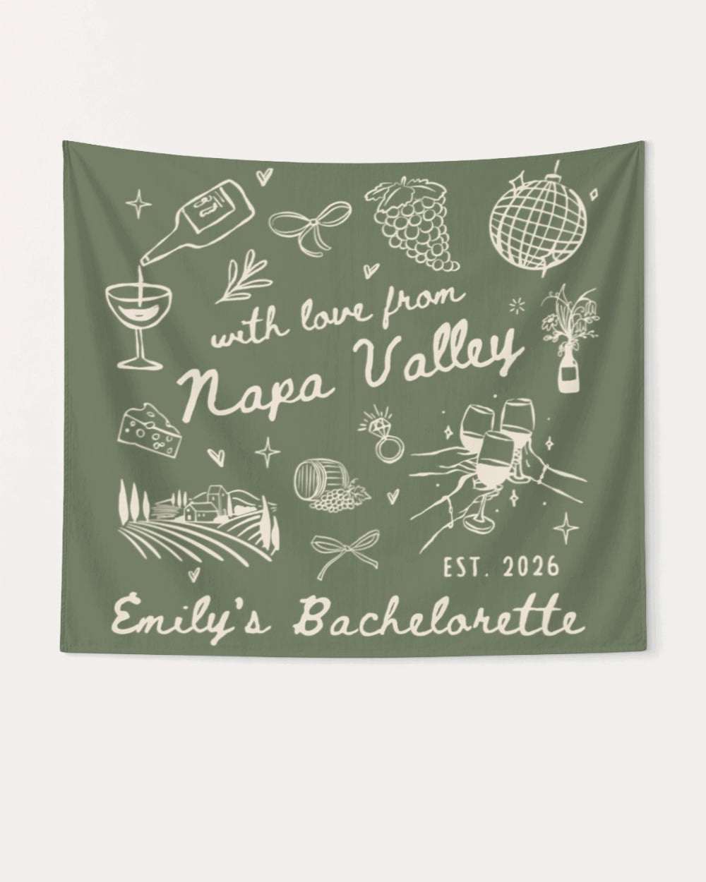 Gift idea for the bachelorette crew: Napa Valley weekend banner with minimalist wine-country doodles and script lettering. Personalized with bride name, year, and destination for the party space.