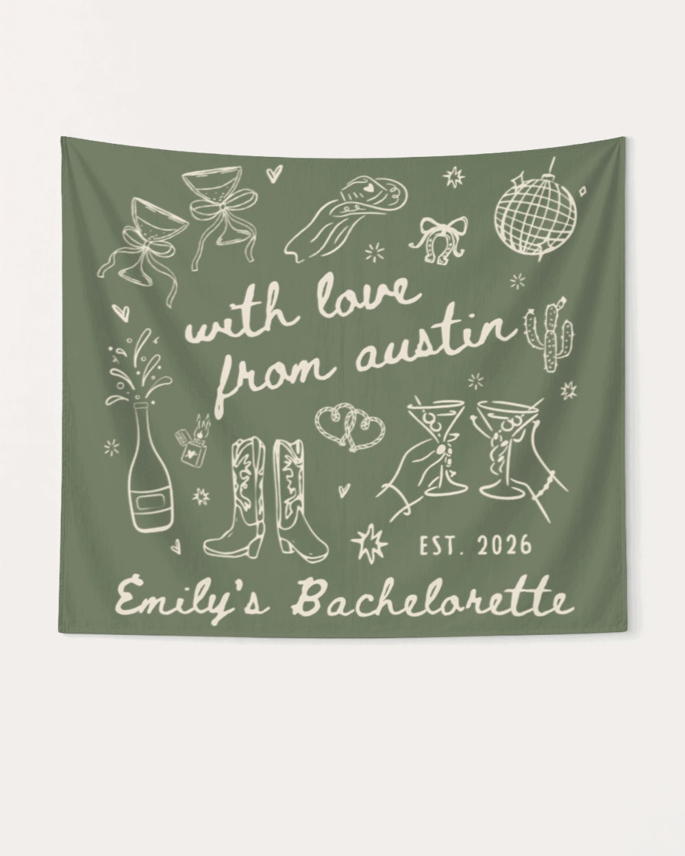 Gift idea for the bachelorette crew: Austin-themed party banner with whimsical doodle art and script lettering. Personalized with bride name, destination city, and weekend year.