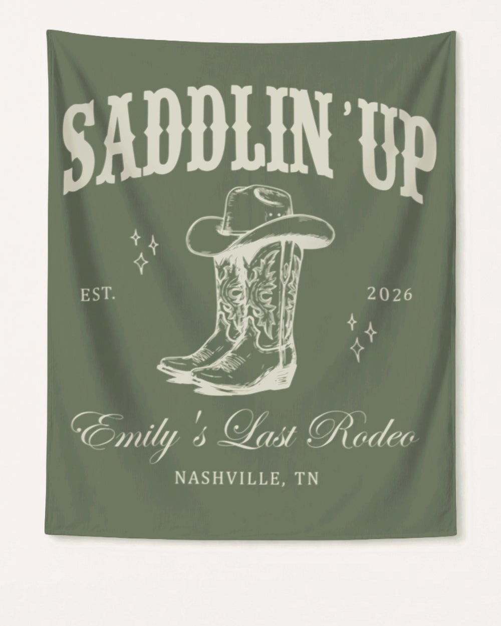 Bachelorette rodeo weekend party banner with vintage western script and illustration, personalized with bride name, year, and city. Last Rodeo theme for Nashville or any destination Bach.