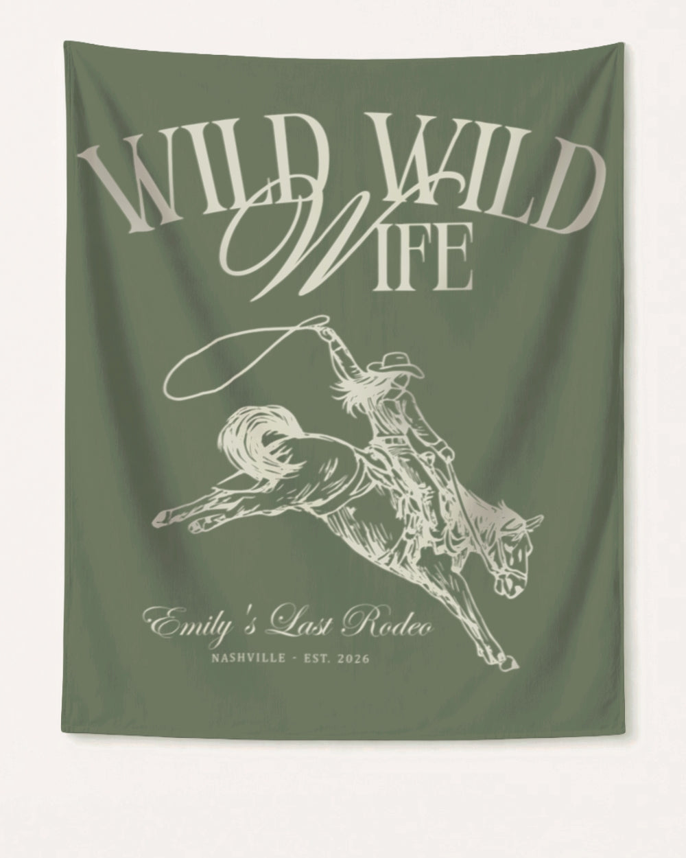 Bachelorette weekend banner with Wild Wild Wife cowgirl theme and vintage script lettering. Personalized with bride name, destination city, and year for the last rodeo crew.