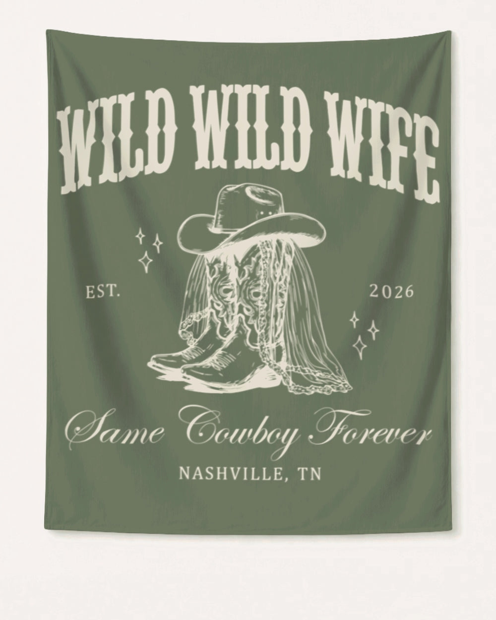 Bachelorette party banner for a Nashville cowgirl bride weekend, Wild Wild Wife vintage western theme. Customizable with bride name, year, and destination city for the whole crew.
