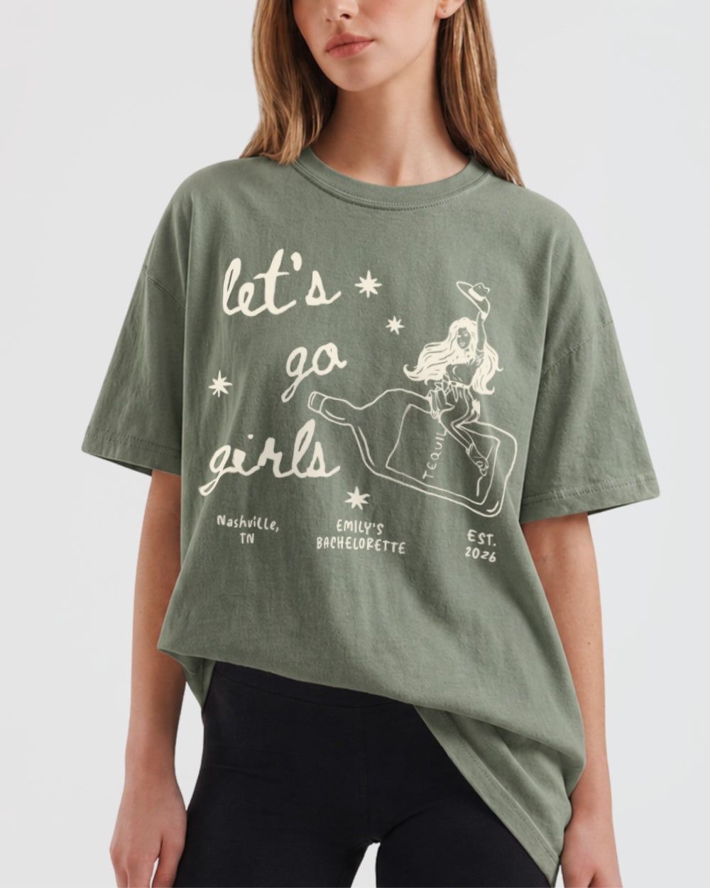 Classic crew tee with vintage cowgirl line-art and 'Let's Go Girls' script, made for girls' night out and casual weekend plans. Great gift for the friend who always leads the group.