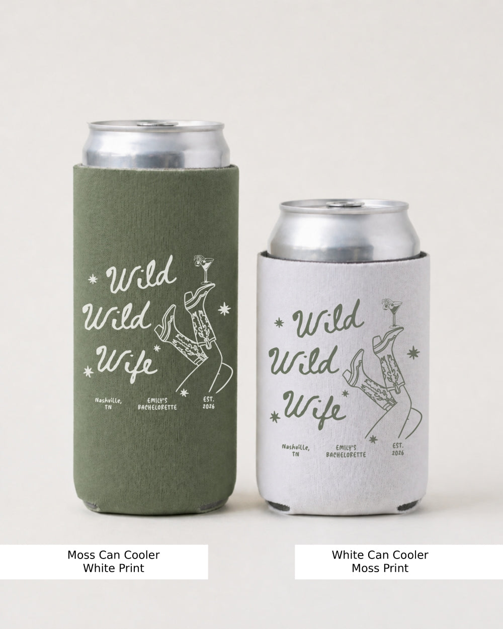 Personalized bride can cooler with western inspired Wild Wild Wife design for party favors
