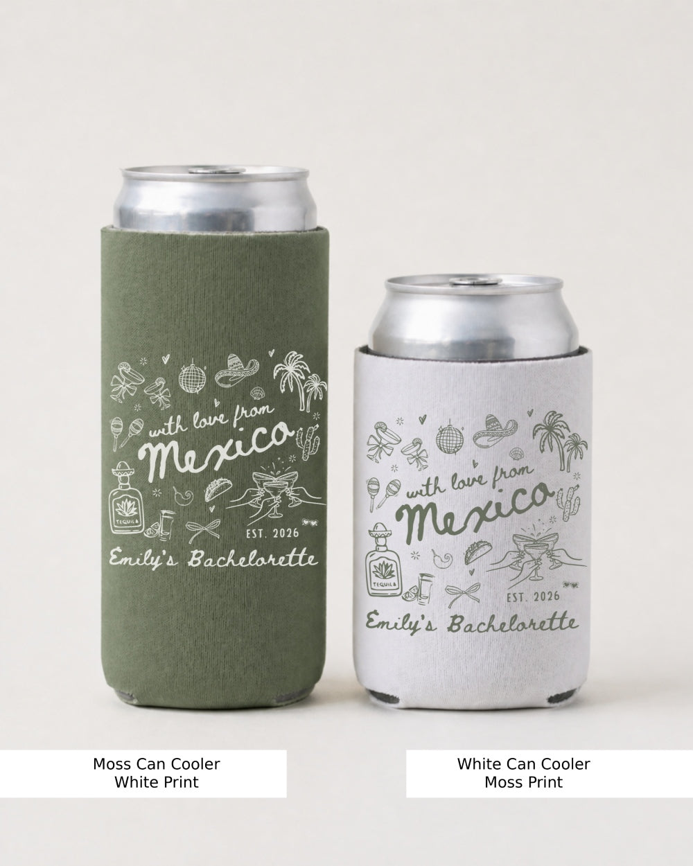 Bride and bridesmaids can coolers for a Mexico bachelorette weekend, vintage illustration style with script lettering. Personalized with bride name and destination for the whole crew.