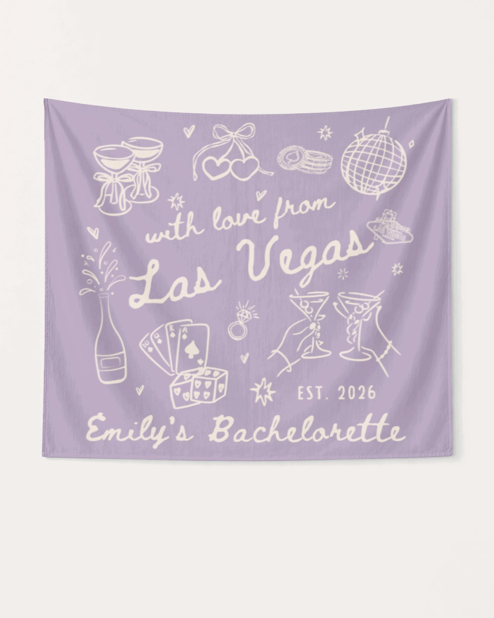 Bride and bachelorette crew banner with hand-drawn Las Vegas doodle art, personalized with bride name, destination city, and EST. year for the full party setup.