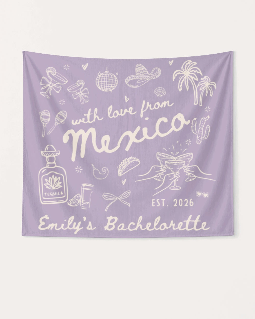 Bride and bachelorette crew banner for a Mexico destination weekend, vintage line-art style. Personalized with bride name, year, and destination for the full party.