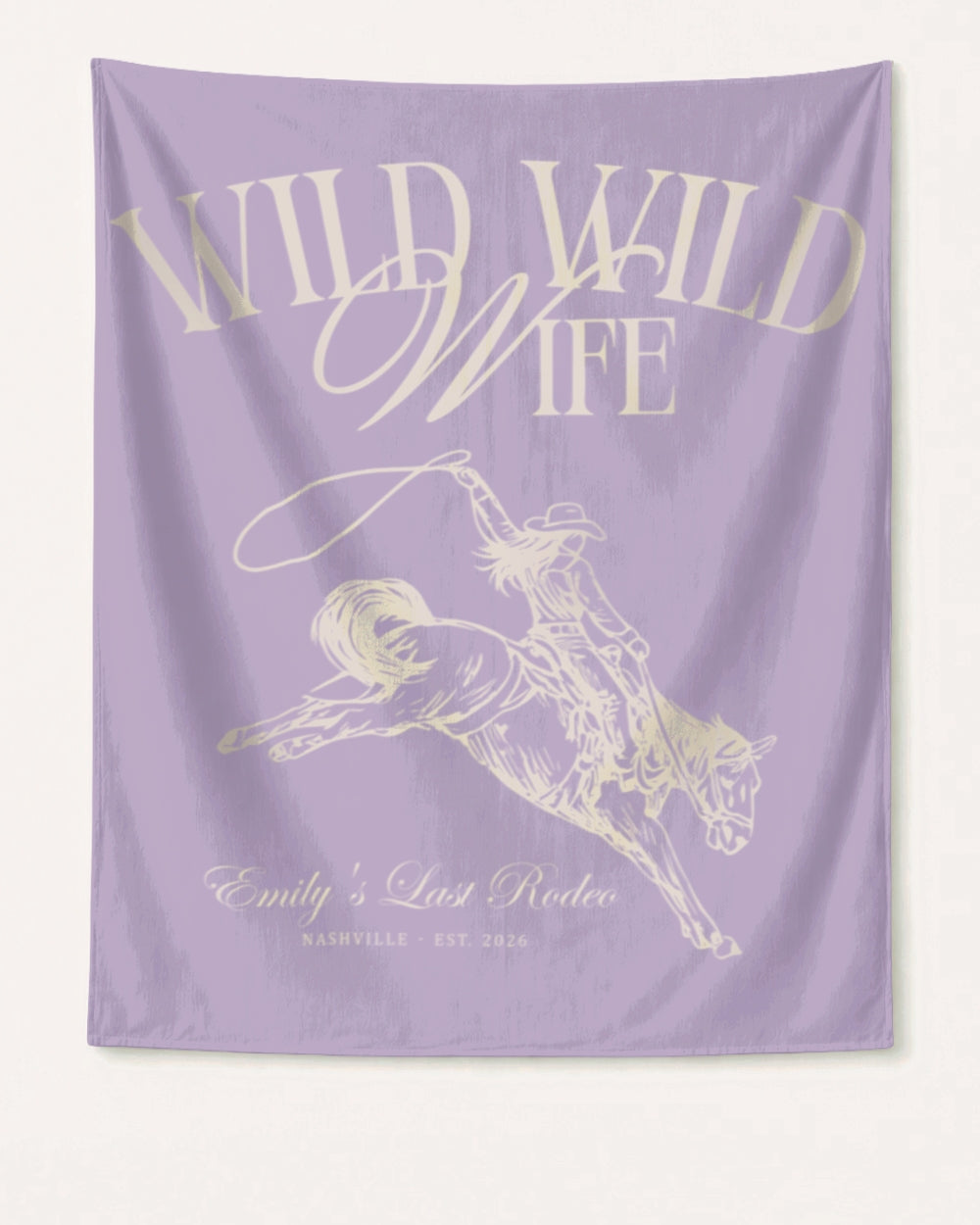 Personalized bachelorette banner with bride name, destination city, and year in vintage cowgirl script. Wild Wild Wife rodeo theme, customizable for any last rodeo weekend.