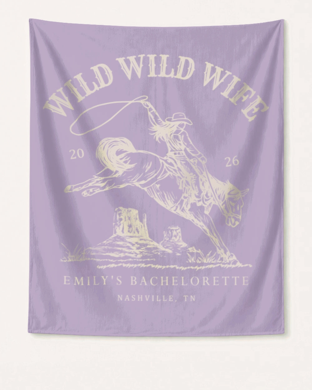 Personalized Wild Wild Wife bachelorette banner with bride name, year, and destination city in vintage western style. Custom party decor for the rodeo-themed bachelorette weekend.