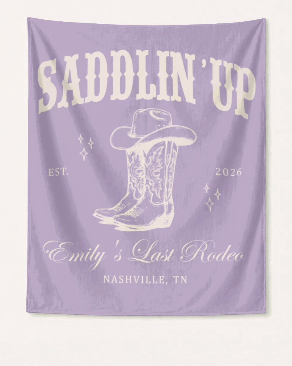 Personalized bachelorette rodeo banner with bride name, established year, and Nashville destination. Custom Last Rodeo western script design for the bridal crew's party decor.