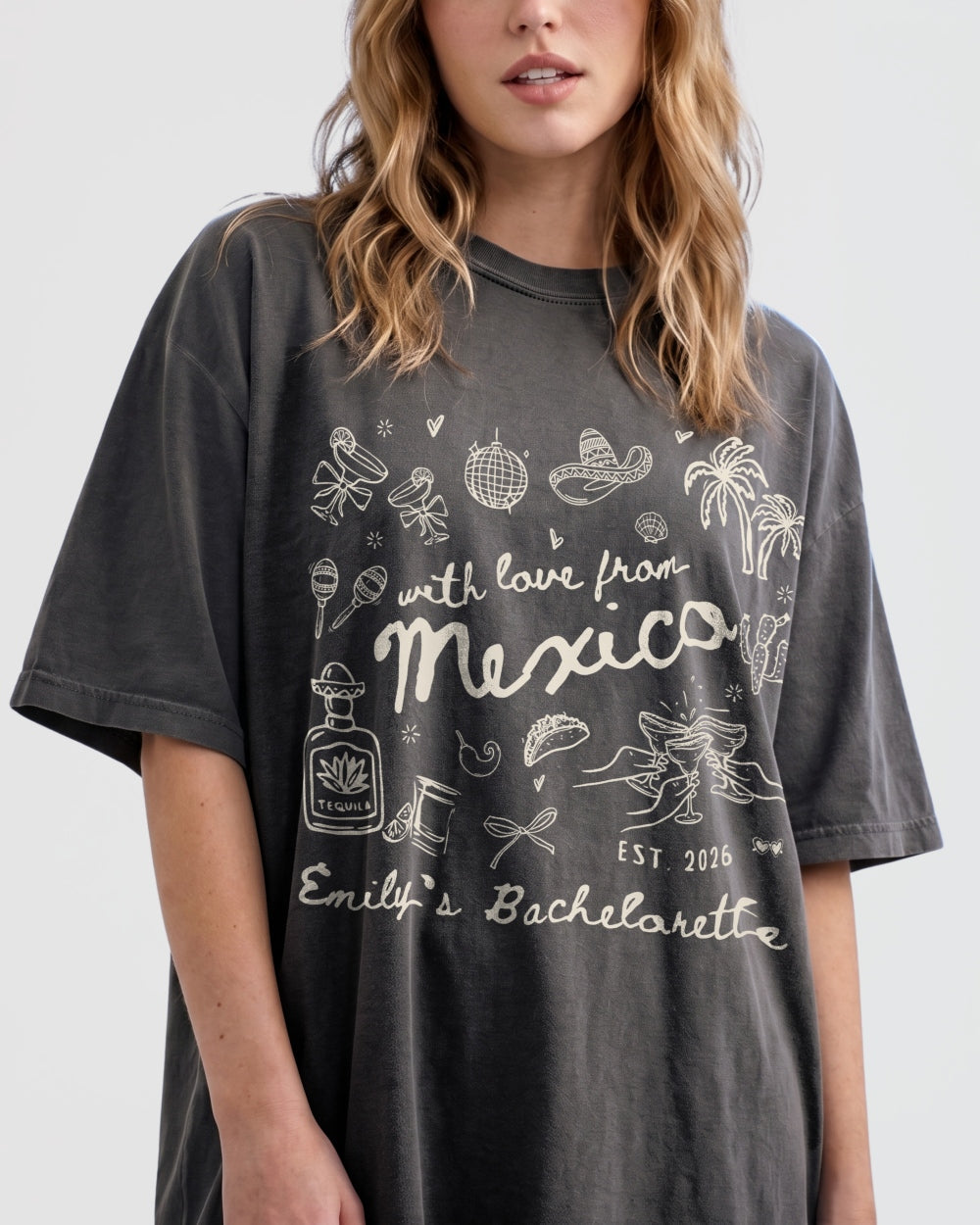 Bachelorette weekend tee with vintage botanical illustration and script lettering, Mexico destination theme. Personalized with bride name, year, and destination for the full crew.