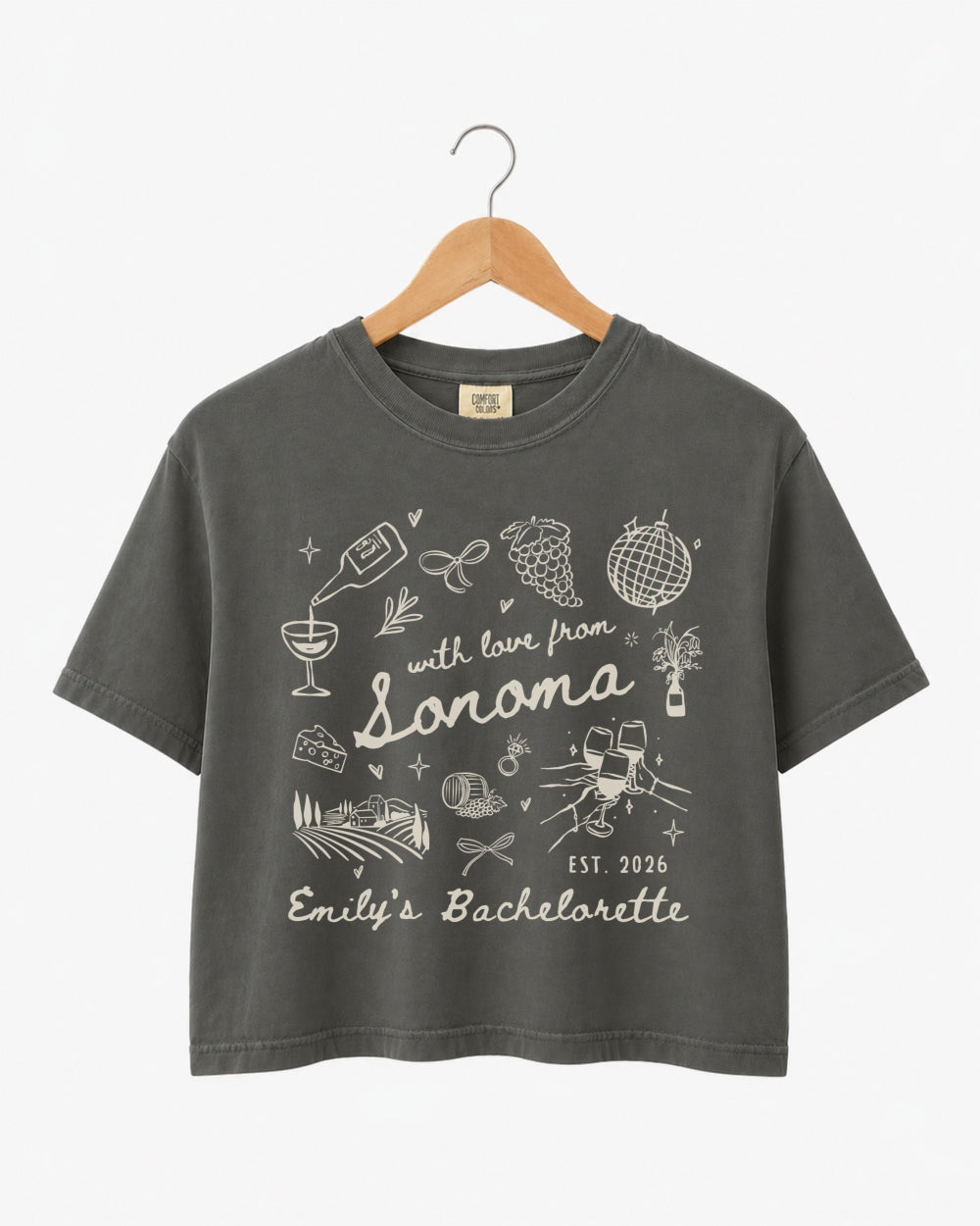 Wine country bachelorette shirt with Sonoma design for bridal party photos