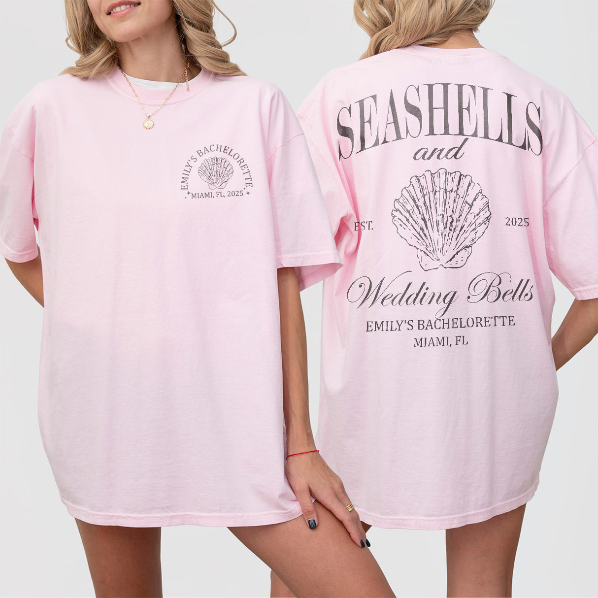 Blossom pink cotton shirt perfect for a beach bachelorette party, coastal bridal shower, or wedding bells girls weekend getaway