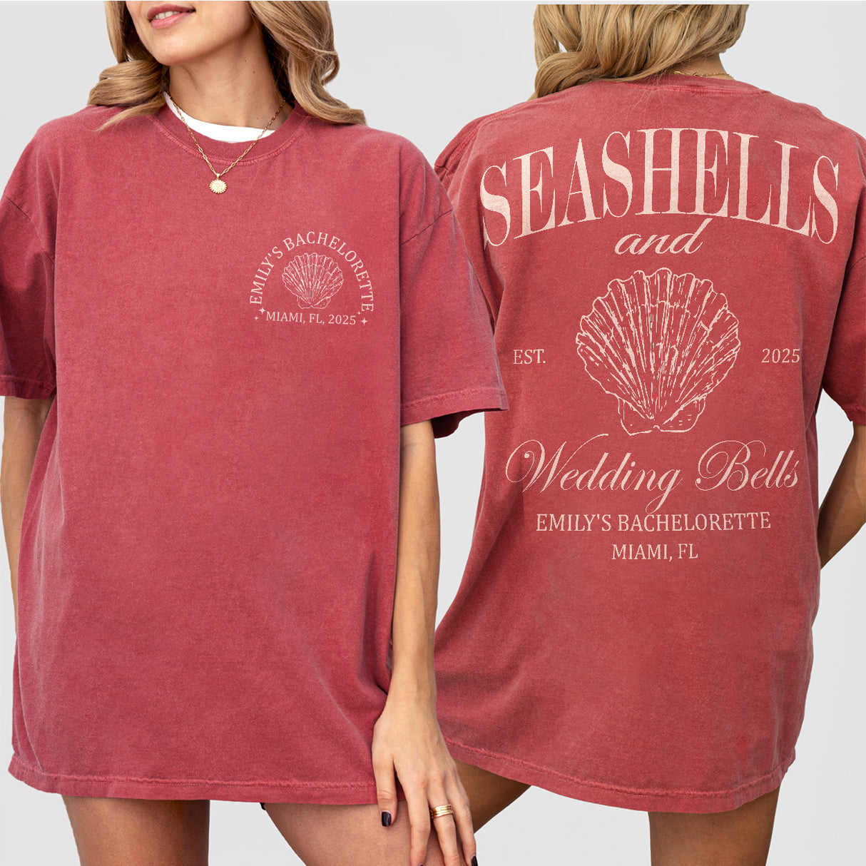 Crimson cotton comfort shirt for beach bachelorette parties, coastal bridal showers, or girls weekend with seashells and wedding bells design