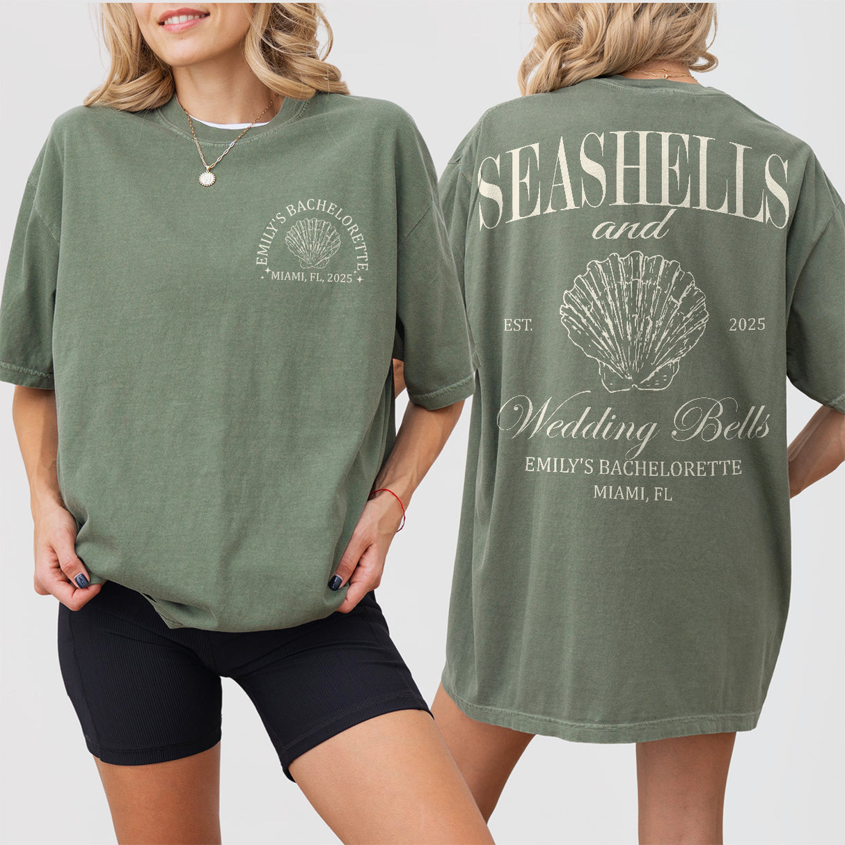 Moss green cotton bachelorette shirt with seashell and beach theme for brides and bridal parties on a coastal girls weekend or beach bach celebration.