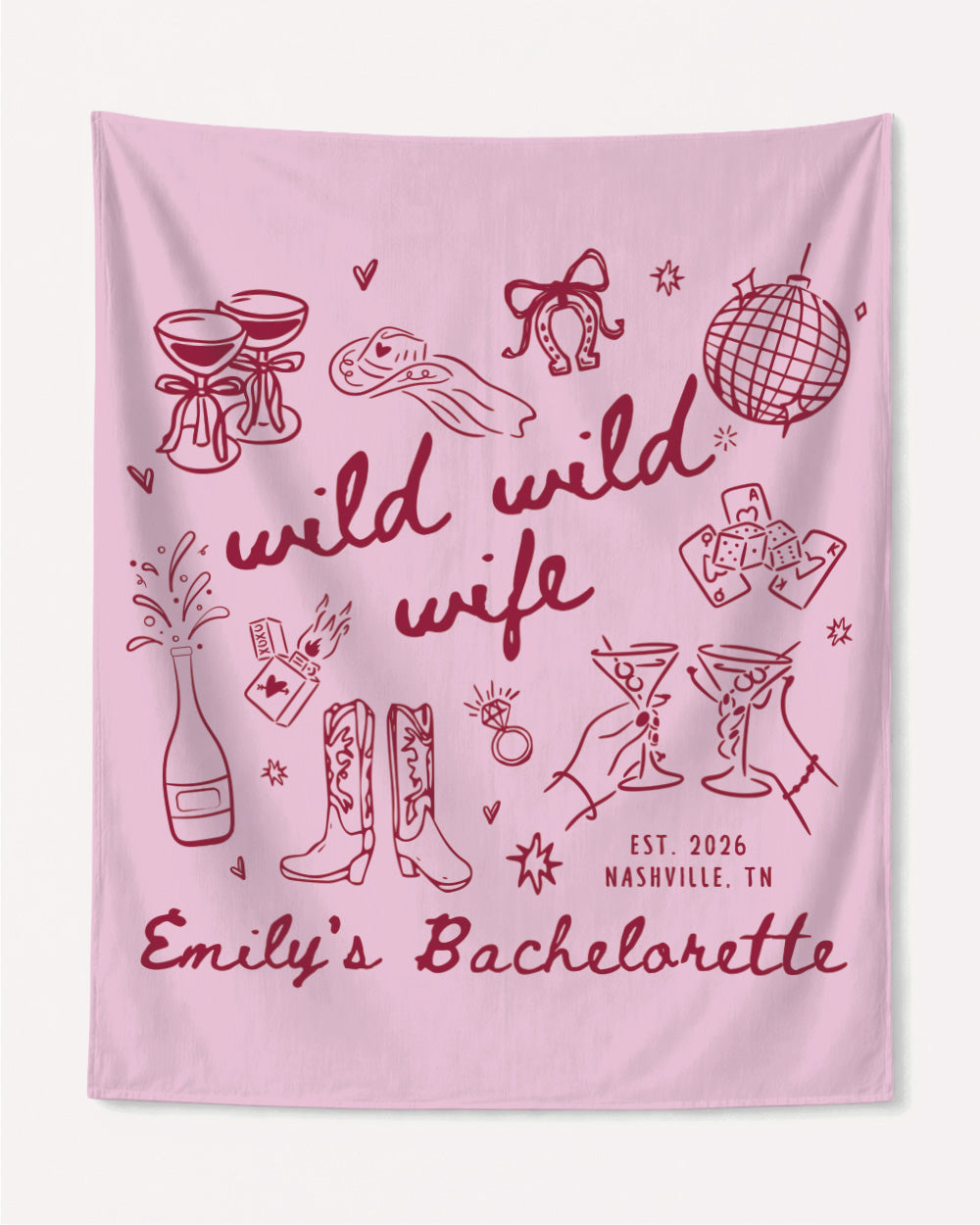 Gift idea for the bachelorette crew: Wild Wild Wife party banner with playful hand-drawn art. Personalized with bride name, wedding year, and destination city for the celebration.