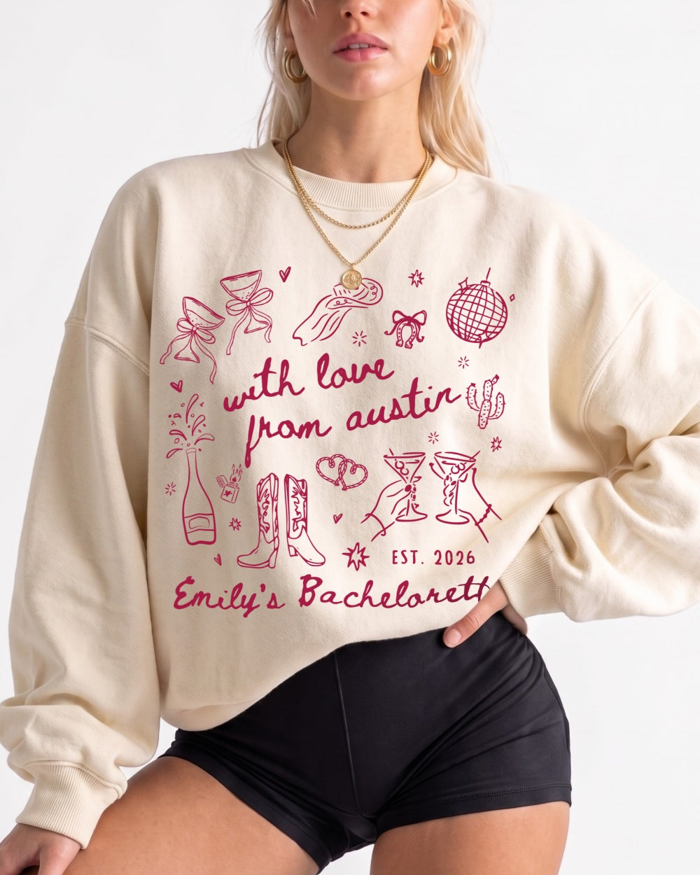 Bride and bridesmaids matching bachelorette sweatshirts with soft doodle art and Austin-inspired script. Personalized with bride name, destination city, and year for the whole crew.