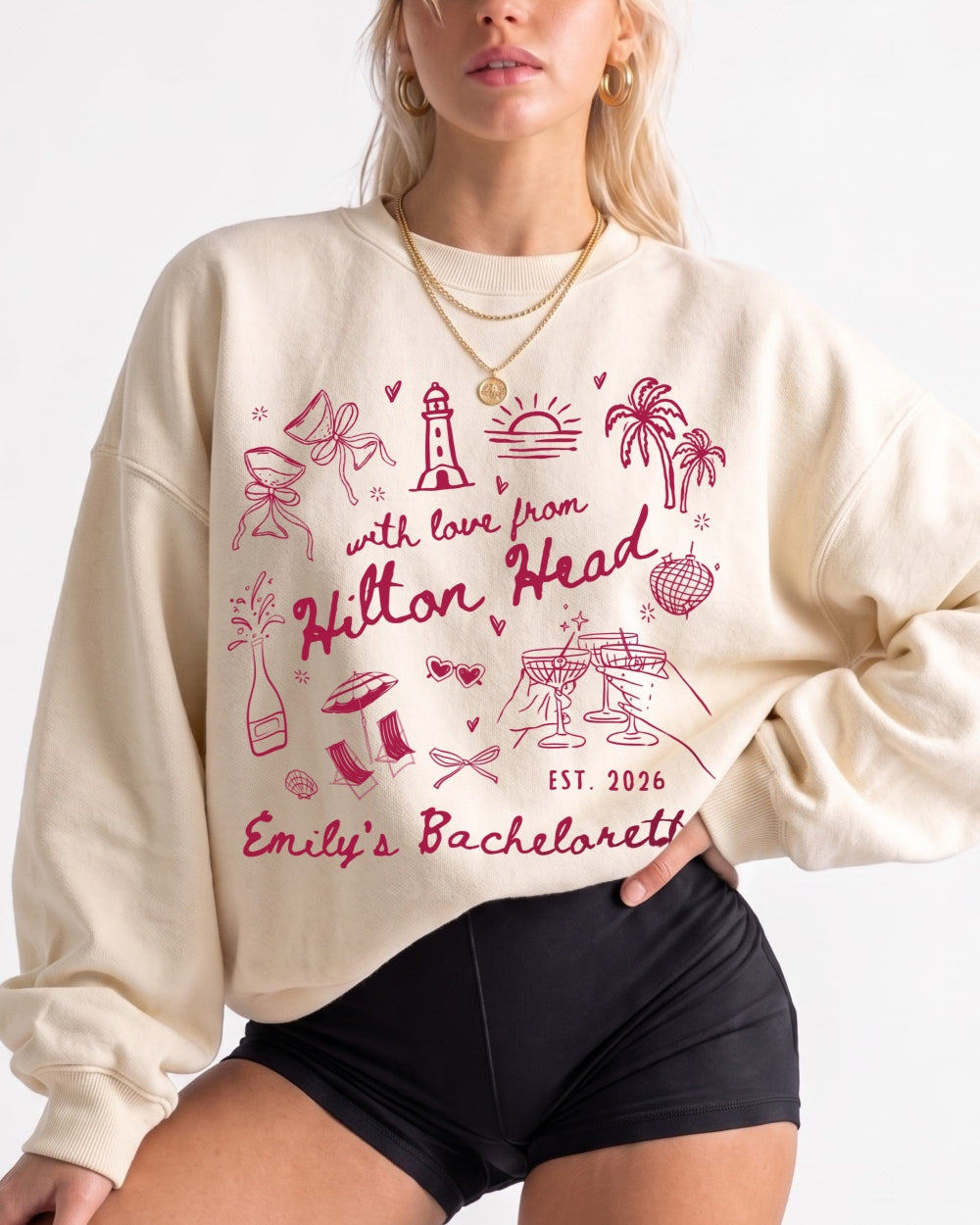 Personalized bachelorette sweatshirt with bride name, destination, and year on a whimsical doodle design. Custom matching set for the whole crew, perfect for a Hilton Head girls weekend.