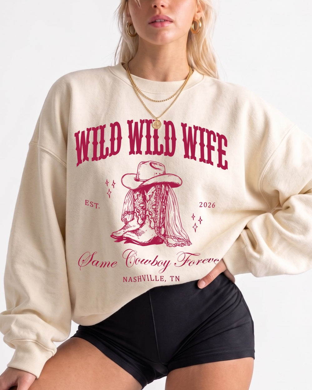 Vintage western varsity sweatshirt for a country bachelorette party, bold boot graphic and retro lettering. Personalized with bride name, year, and destination city for the whole crew.