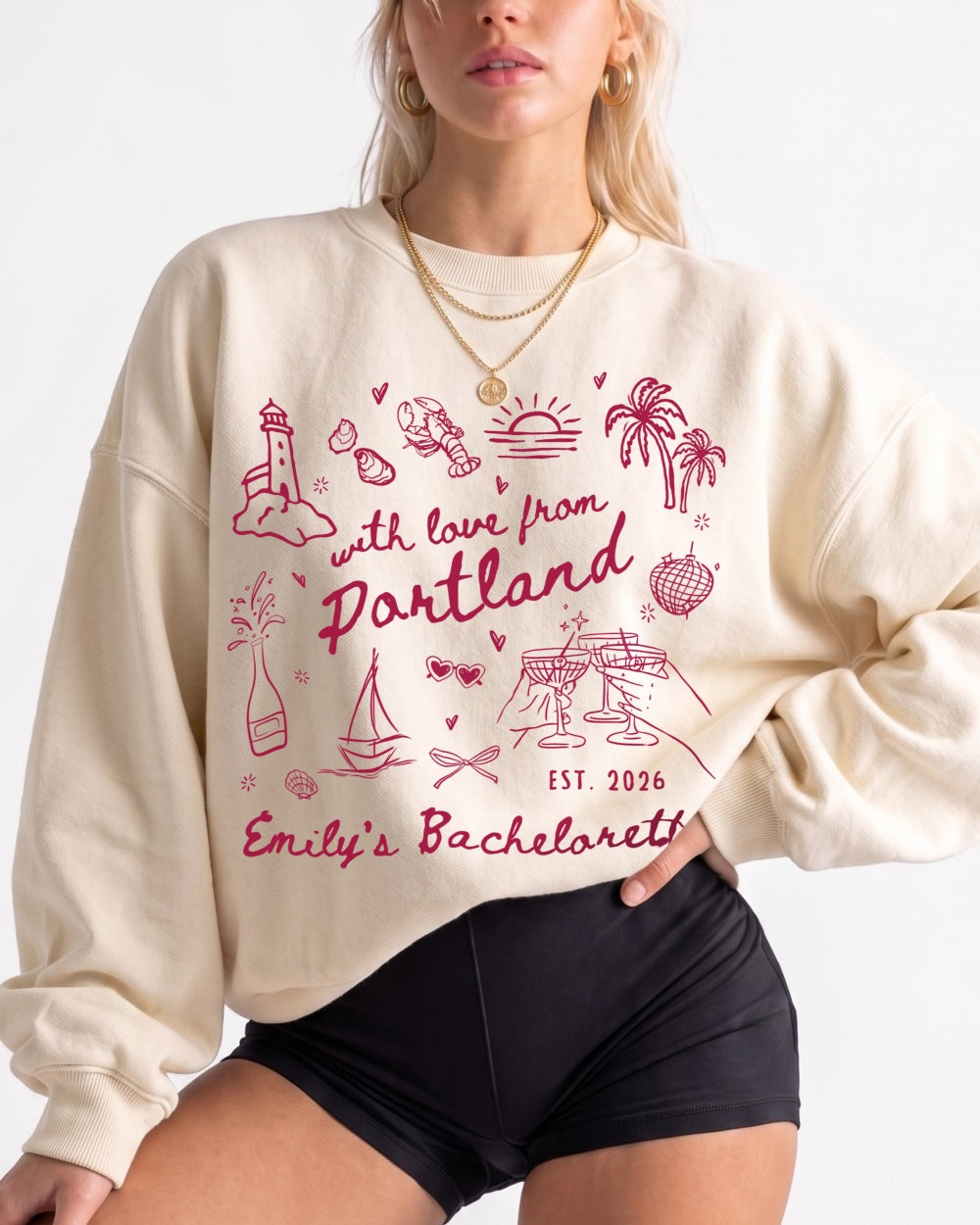 Personalized "With Love From Portland" sweatshirt for a nautical bachelorette trip