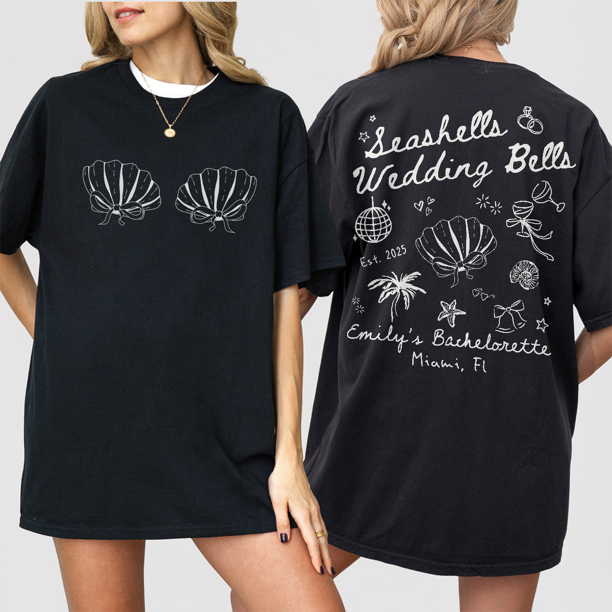 Seashells and Wedding Bells Bachelorette Shirt Custom Beach Bachelorette Personalized Coastal Bachelorette Tshirt Seashell Hens Party Outfit - Black Product Image