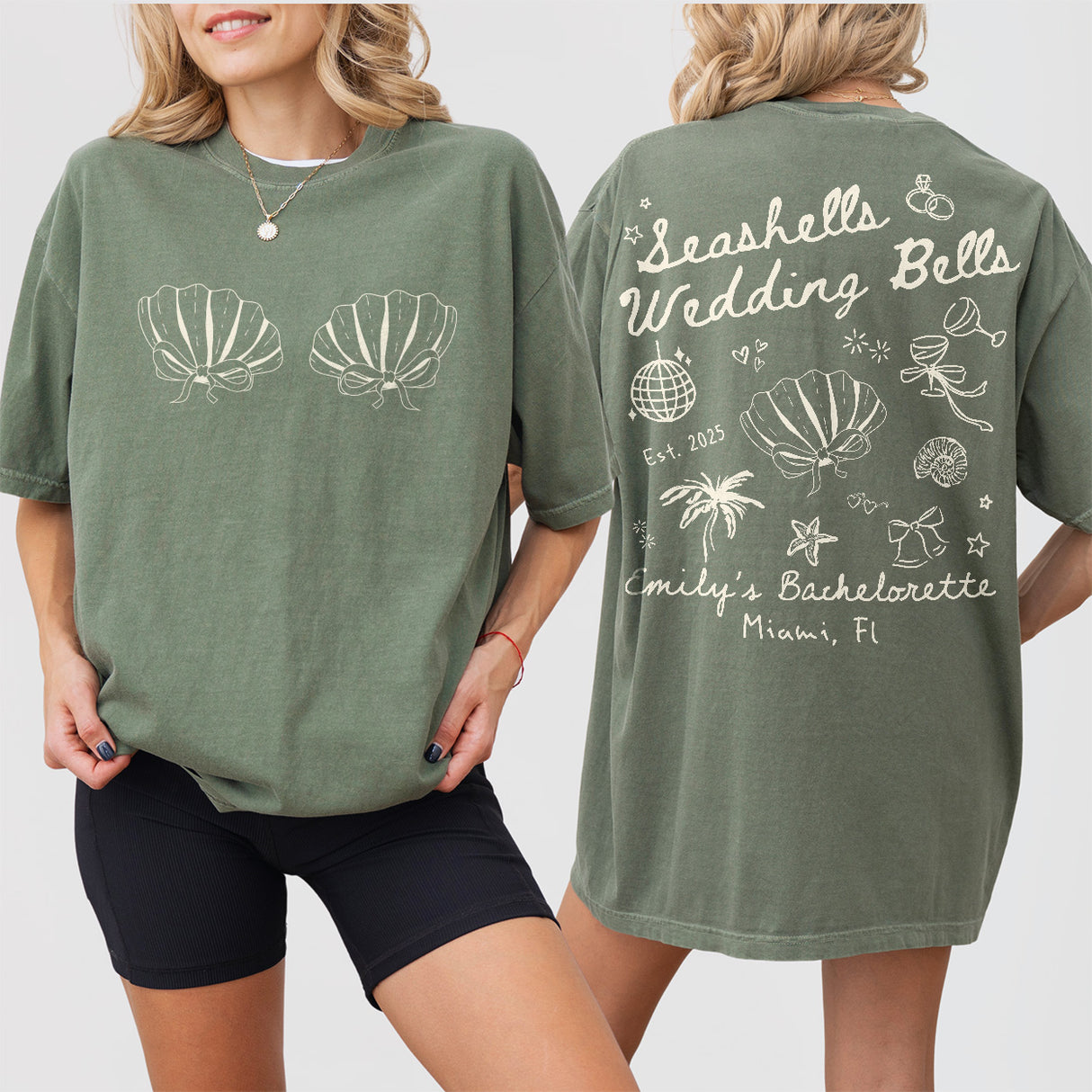 Seashells and Wedding Bells Bachelorette Shirt Custom Beach Bachelorette Personalized Coastal Bachelorette Tshirt Seashell Hens Party Outfit - Moss Product Image