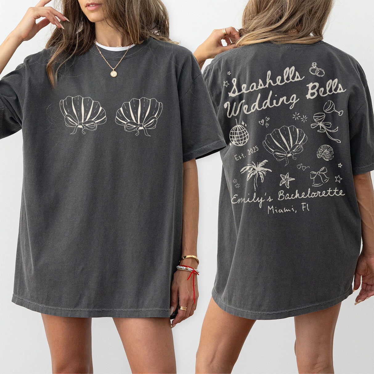 Seashells and Wedding Bells Bachelorette Shirt Custom Beach Bachelorette Personalized Coastal Bachelorette Tshirt Seashell Hens Party Outfit - Pepper Product Image