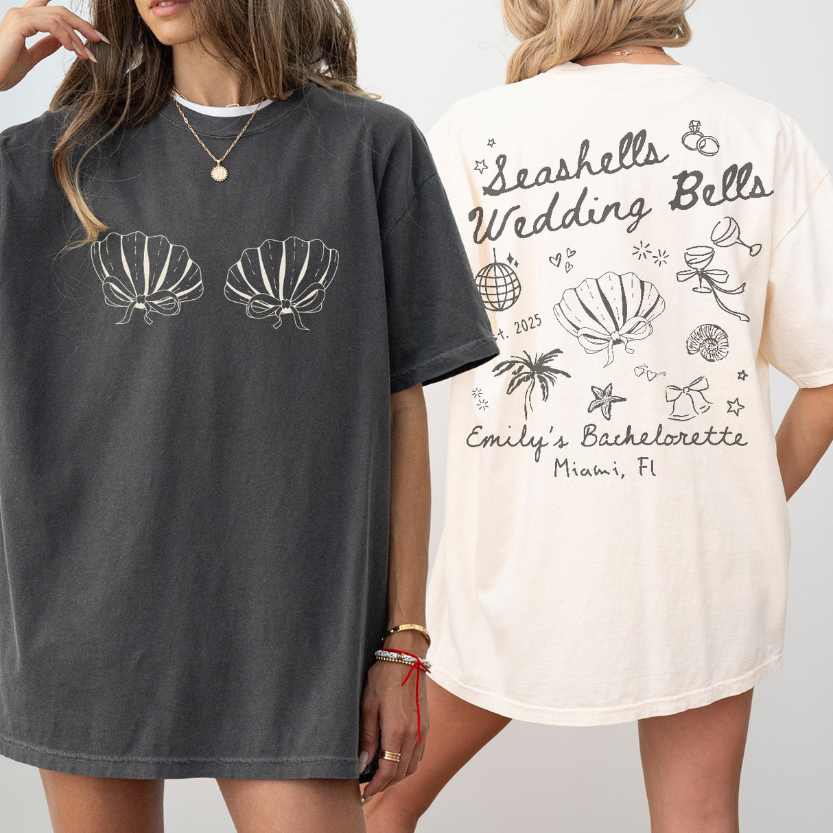 Seashells and Wedding Bells Bachelorette Shirt Custom Beach Bachelorette Personalized Coastal Bachelorette Tshirt Seashell Hens Party Outfit - matching Image