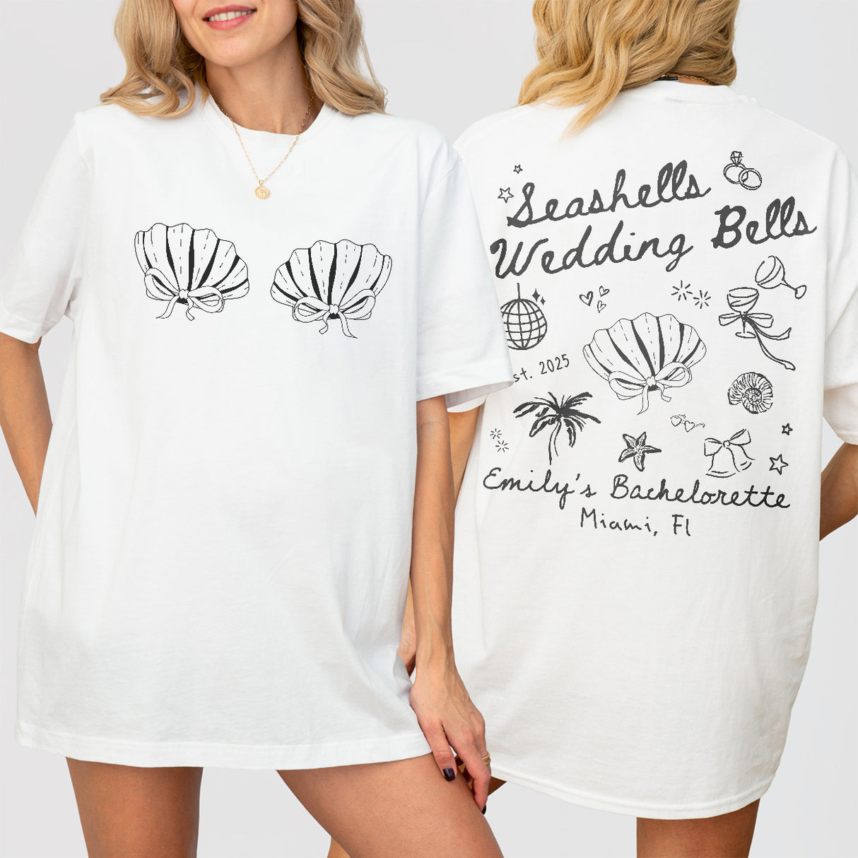 Seashells and Wedding Bells Bachelorette Shirt Custom Beach Bachelorette Personalized Coastal Bachelorette Tshirt Seashell Hens Party Outfit - White Product Image