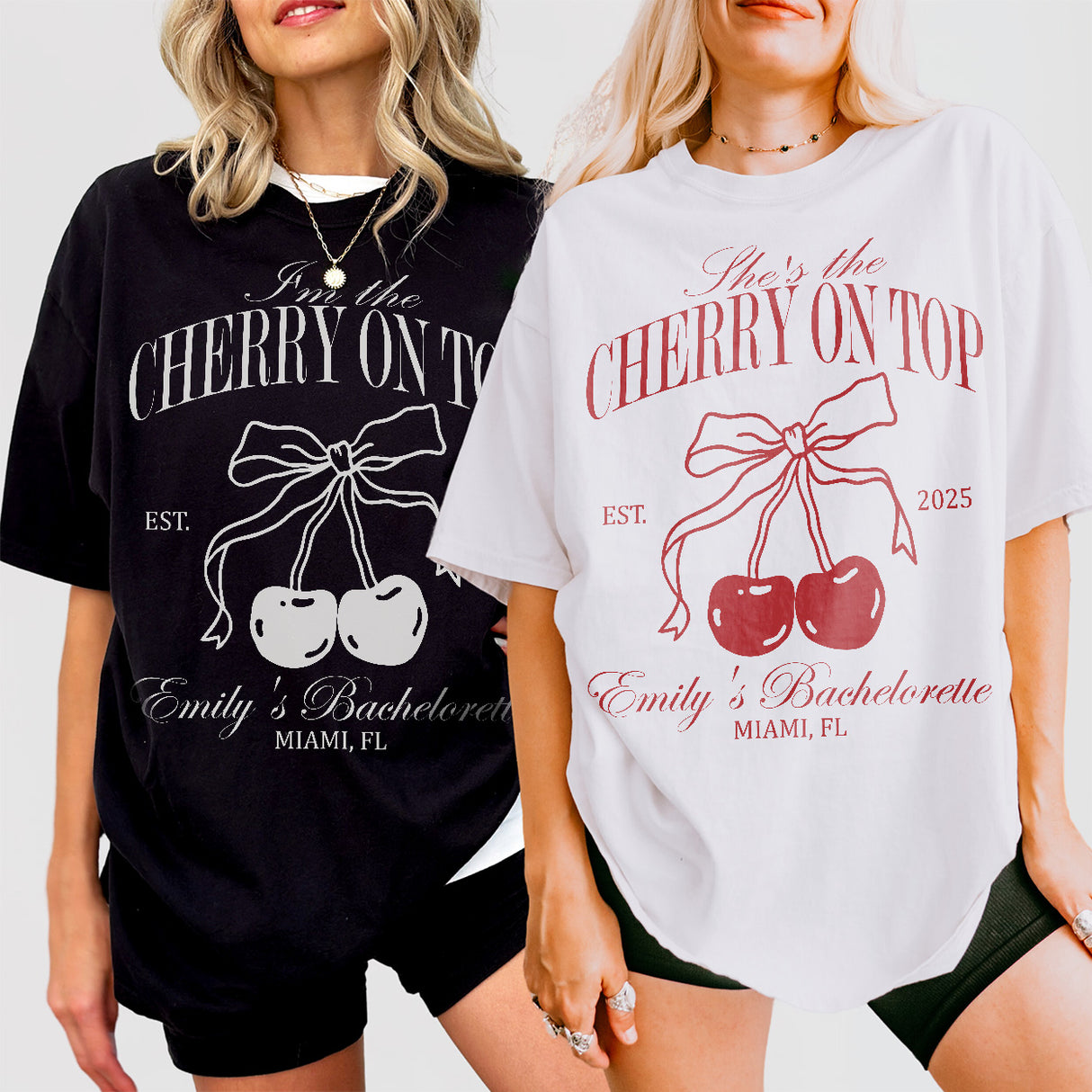 Matching cherry print shirts for the bridal party, perfect as bridesmaid gifts for a bachelorette party or bridal shower