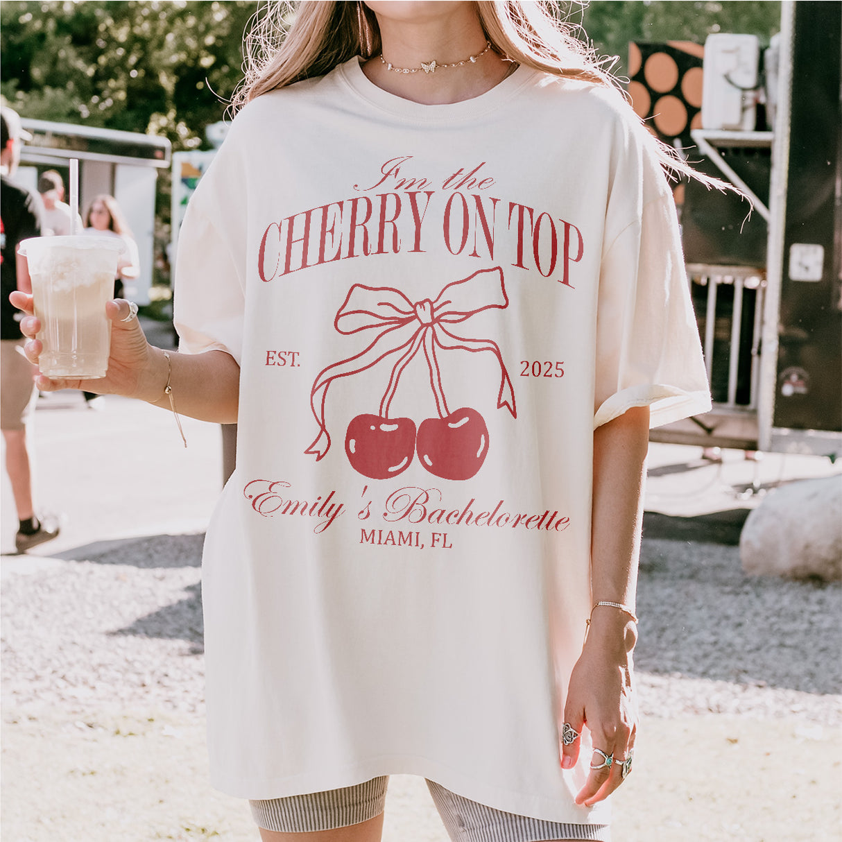 Bridal party shirts with cherry print for bachelorette celebrations, bridal showers, or birthday festivities with a fun, whimsical vibe