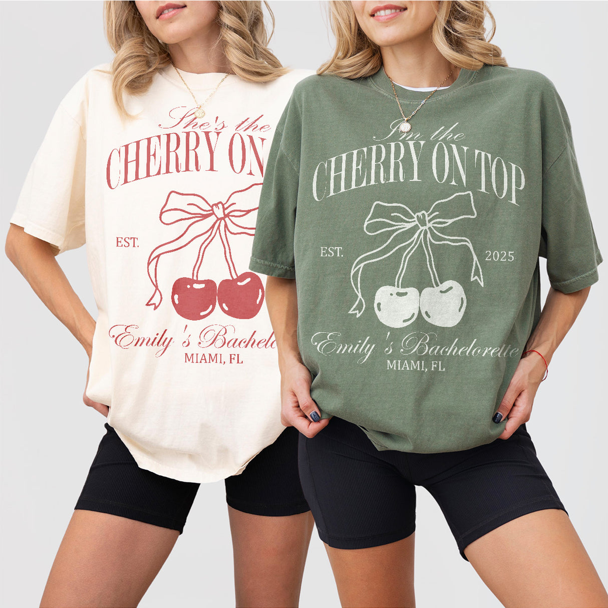 Matching bachelorette party shirts with cherry graphics, perfect for bridal showers or birthday celebrations with the bride and bridesmaids
