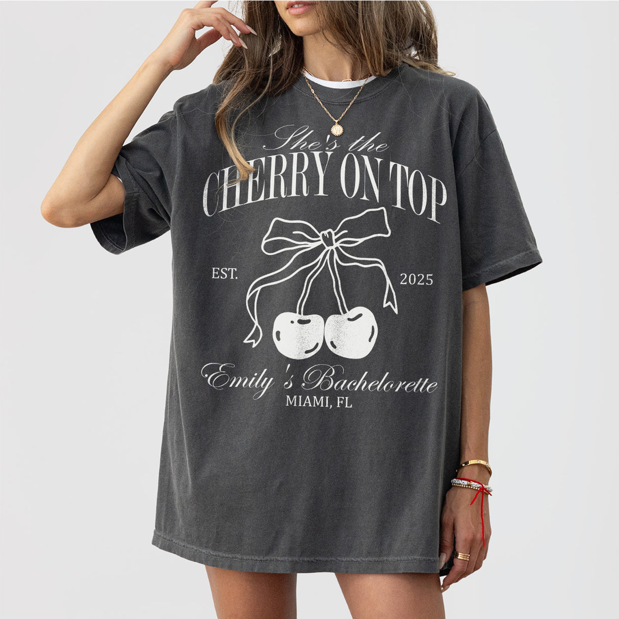 Pepper bachelorette shirt with cherry design for the bride to be, bridal party members, or guests celebrating her upcoming wedding