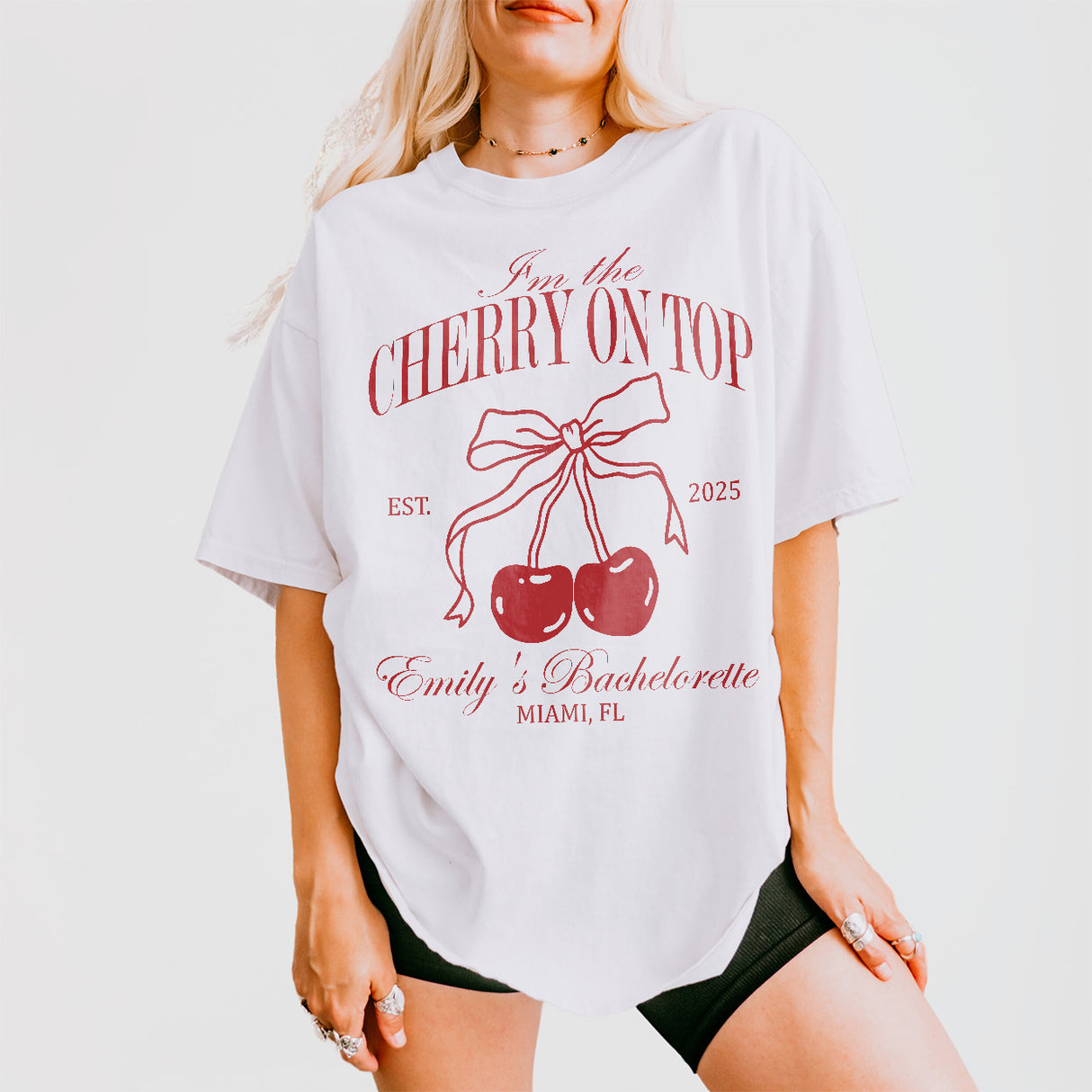 Wedding party shirt printed with a cherry design, perfect for the bride's cherry on top bachelorette celebration or bridal shower