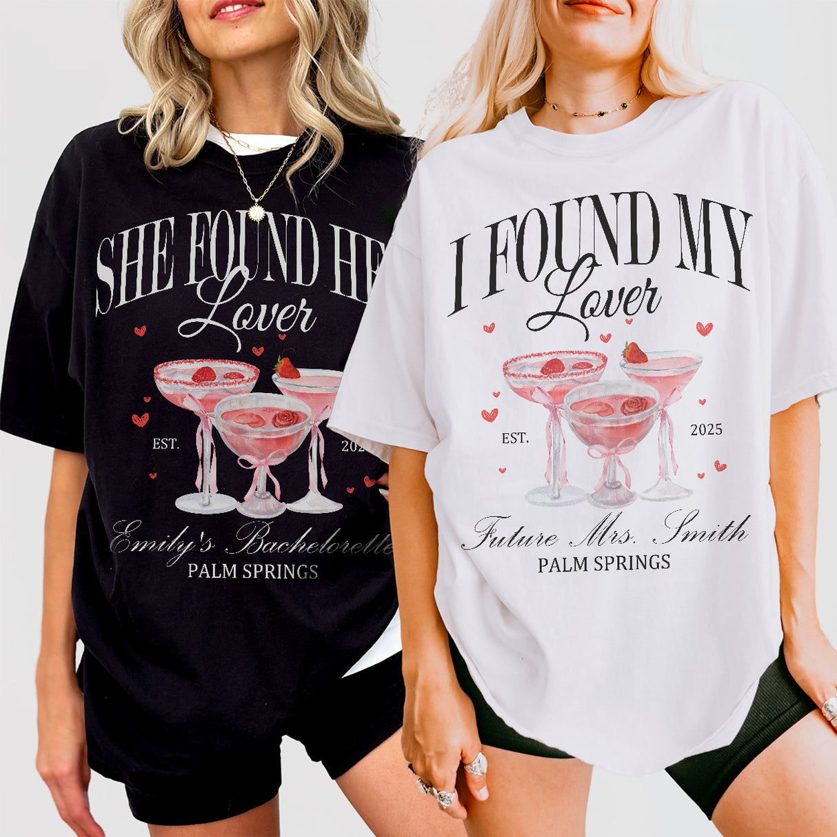 Fun matching bachelorette party shirts with "She Found Her Lover" and "I Found My Lover" designs for the bride and bridesmaids' girls trip