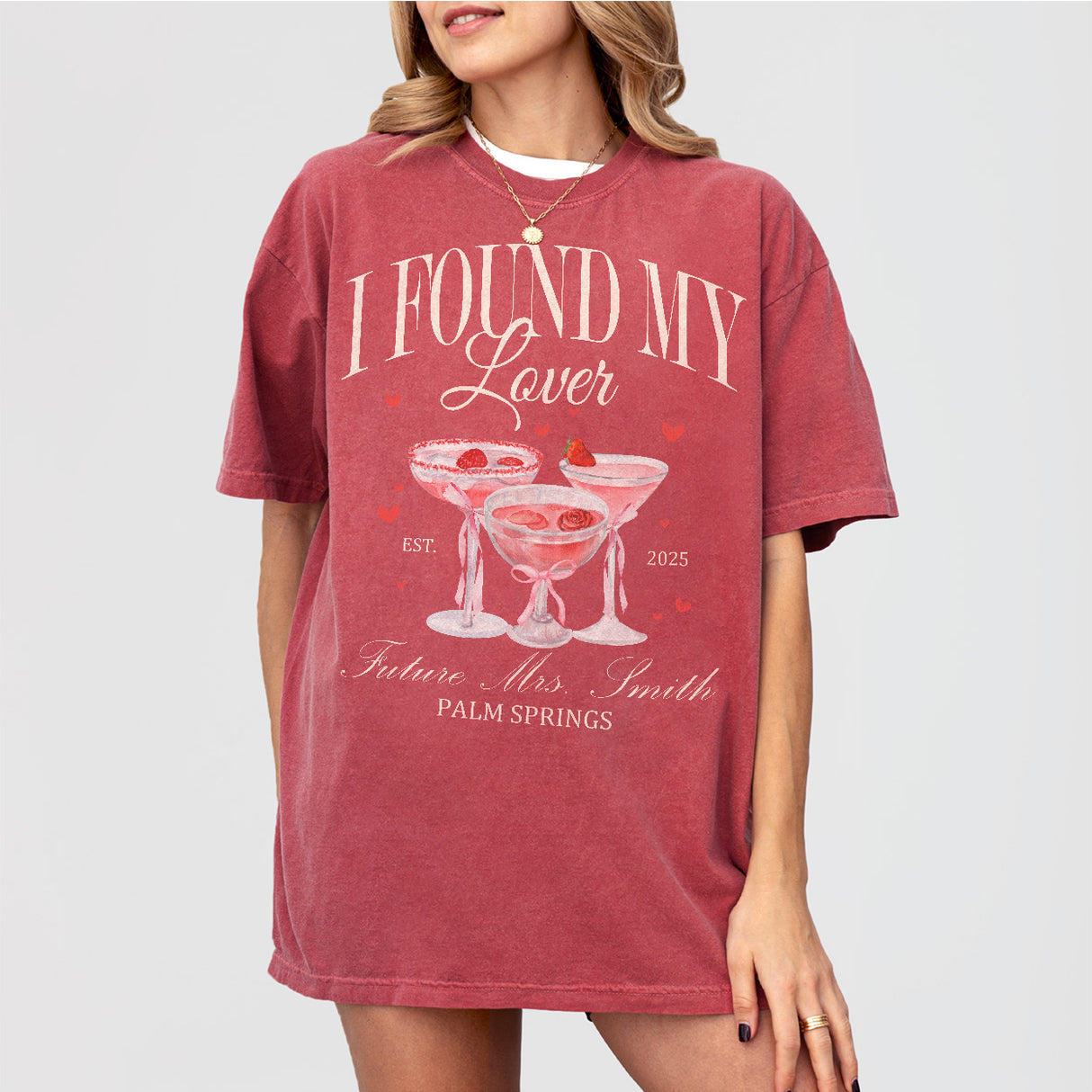 Crimson cotton bachelorette party shirt with "She Found Her Lover" design, ideal for the bride's last fling with her bridesmaid crew