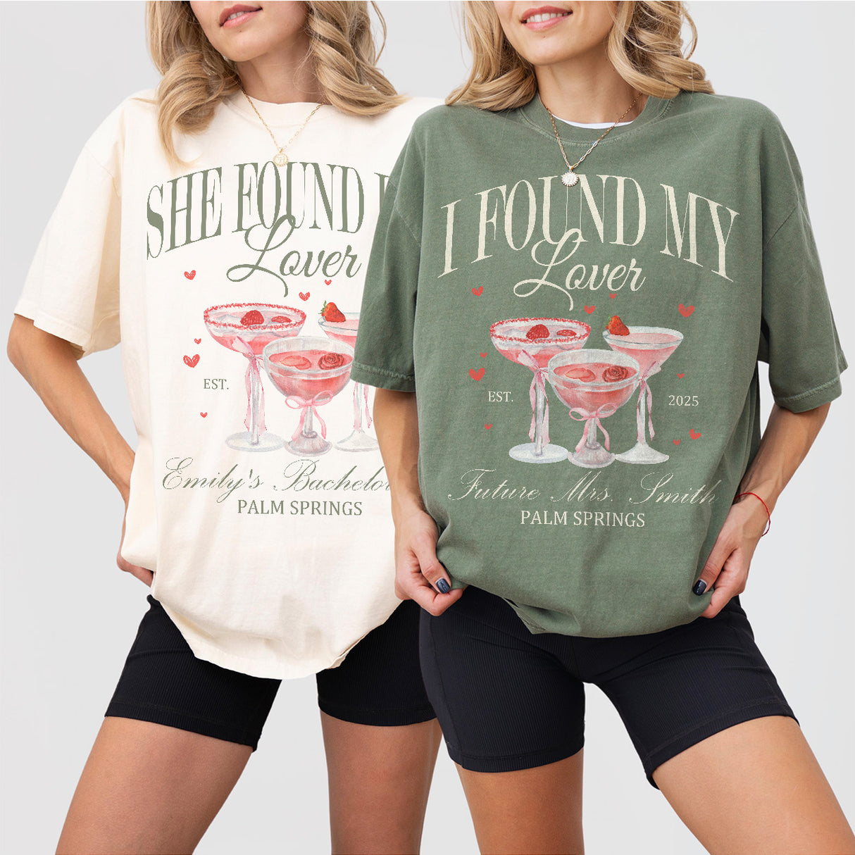 Matching bachelorette party shirts for the bride's squad and bridal party during a girls trip or cocktail club celebration
