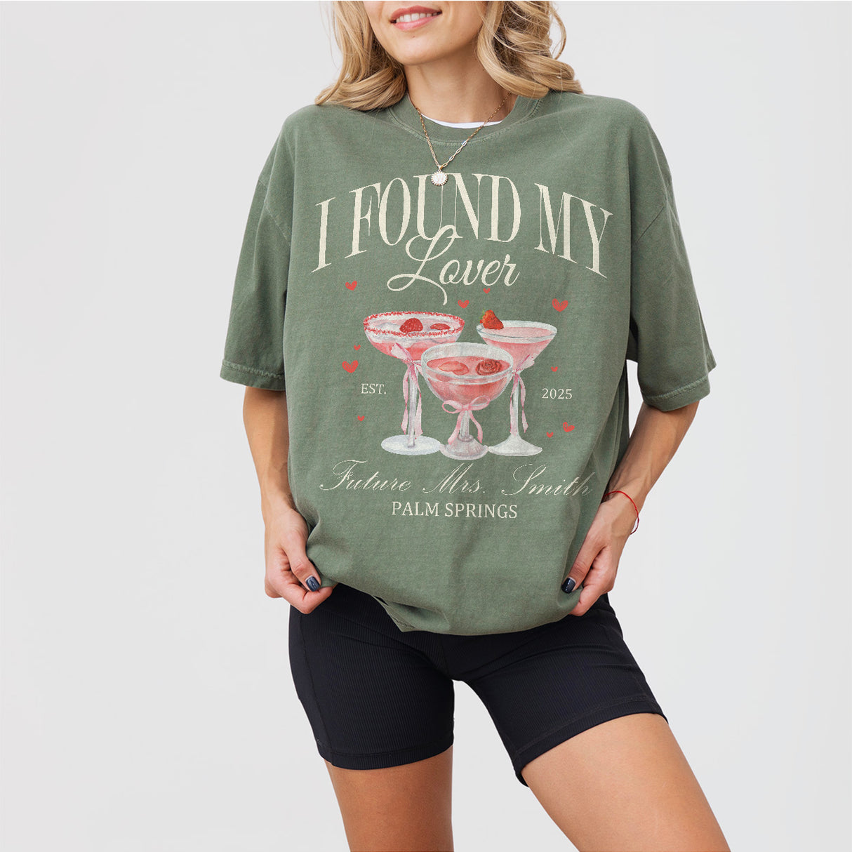 Moss green cotton bachelorette party shirt with "She Found Her Lover" design, perfect for the bride-to-be's girls trip or bridal festivities