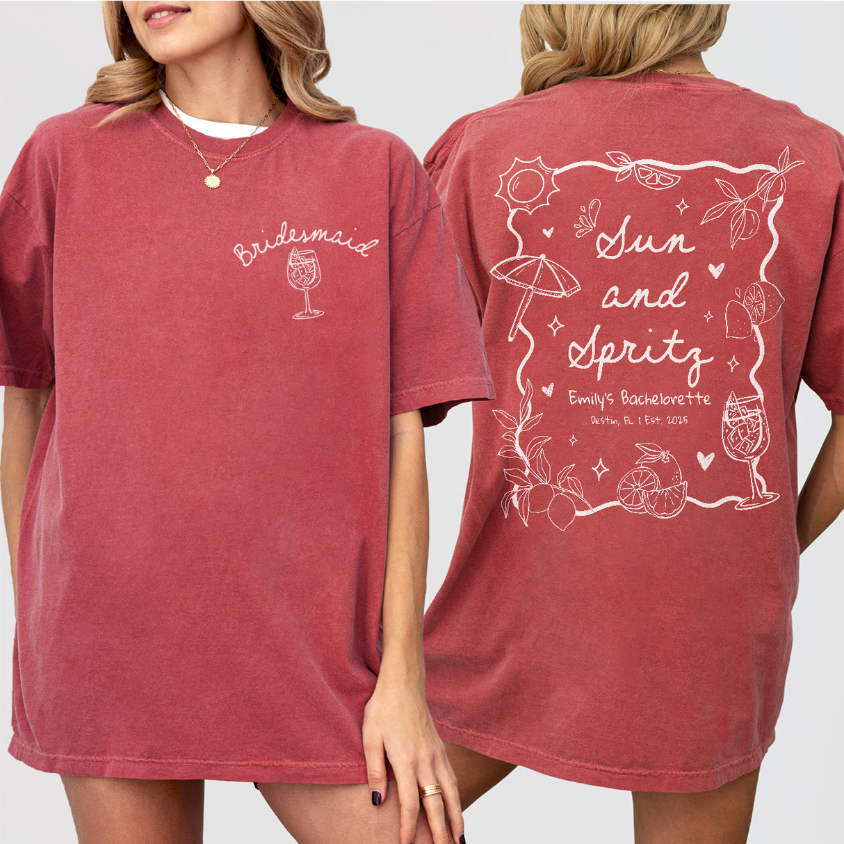 Sun and Spritz Bachelorette Shirt Personalized Aperol Spritz Bachelorette Party Tshirt Beach Girls Weekend Trip Bride To Tee Bridesmaid Gift - Crimson Product Image