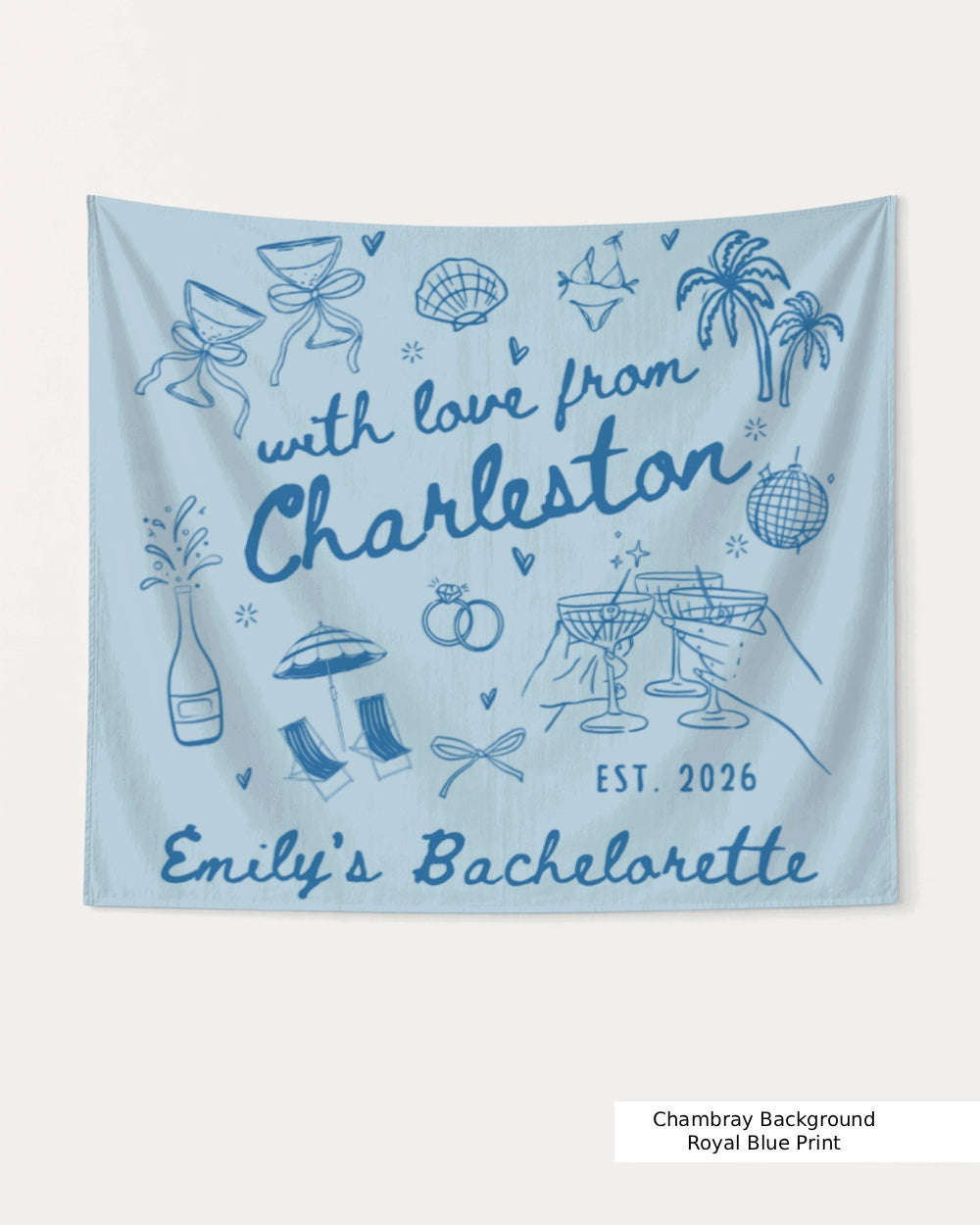 Personalized bachelorette weekend banner with city name, year, and bride name in hand-drawn doodle script. Custom party decor for the bride's crew at any destination.