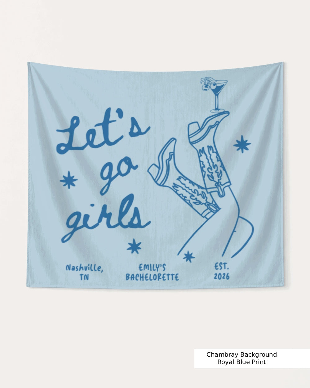 Personalized bachelorette party banner with bride name, city, and year in vintage cursive script and line-art style. Custom Let's Go Girls design for bachelorette weekends and bridal shower decor.
