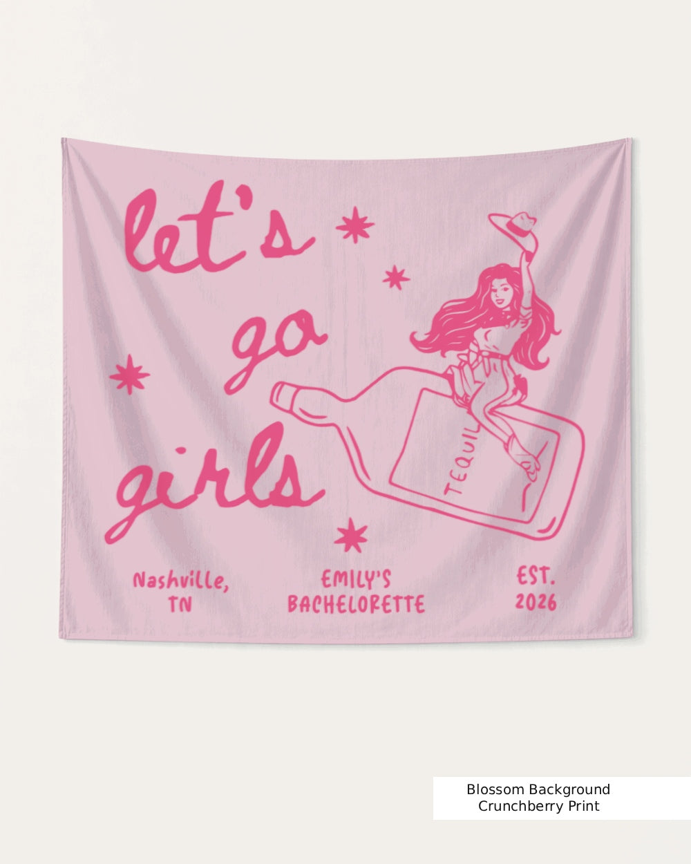 Gift idea for the bachelorette crew: Let's Go Girls cowgirl bottle banner with vintage line-art script. Personalized with bride name, destination city, and wedding year.