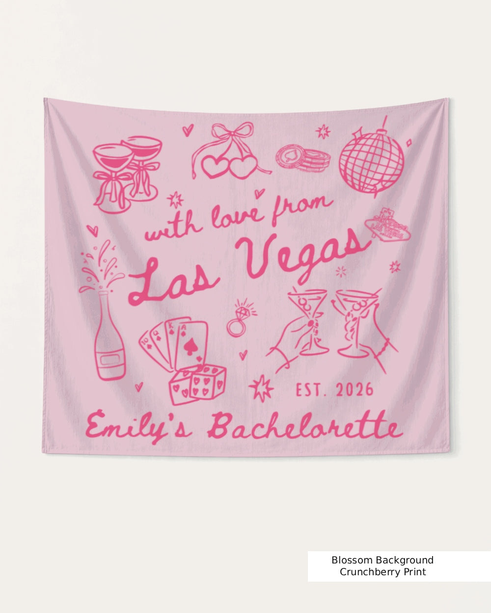 Gift idea for the bachelorette crew: Las Vegas party banner with hand-drawn doodle art. Personalized with bride name, destination city, and EST. year for the full Vegas weekend setup.