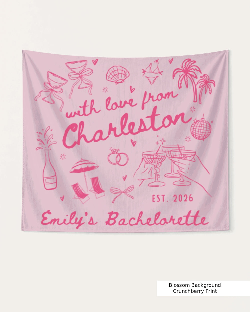 Gift idea for the bachelorette crew: Charleston-themed party banner with hand-drawn doodle art and script lettering. Personalized with bride name, destination city, and wedding year.