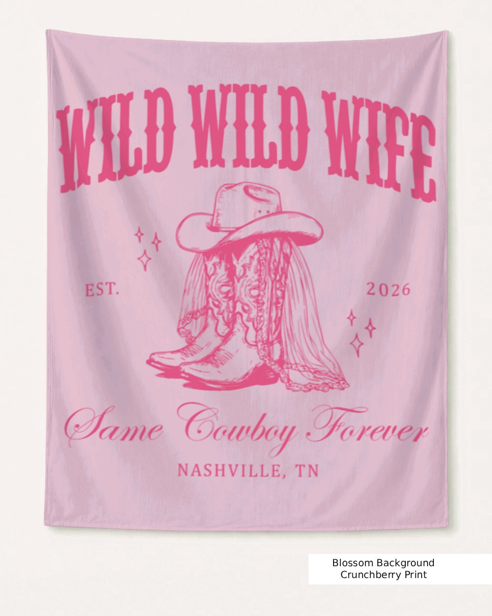 Gift idea for the cowgirl bride: Wild Wild Wife bachelorette party banner with vintage western illustration and script lettering. Personalized with bride name, year, and destination city for the whole crew.