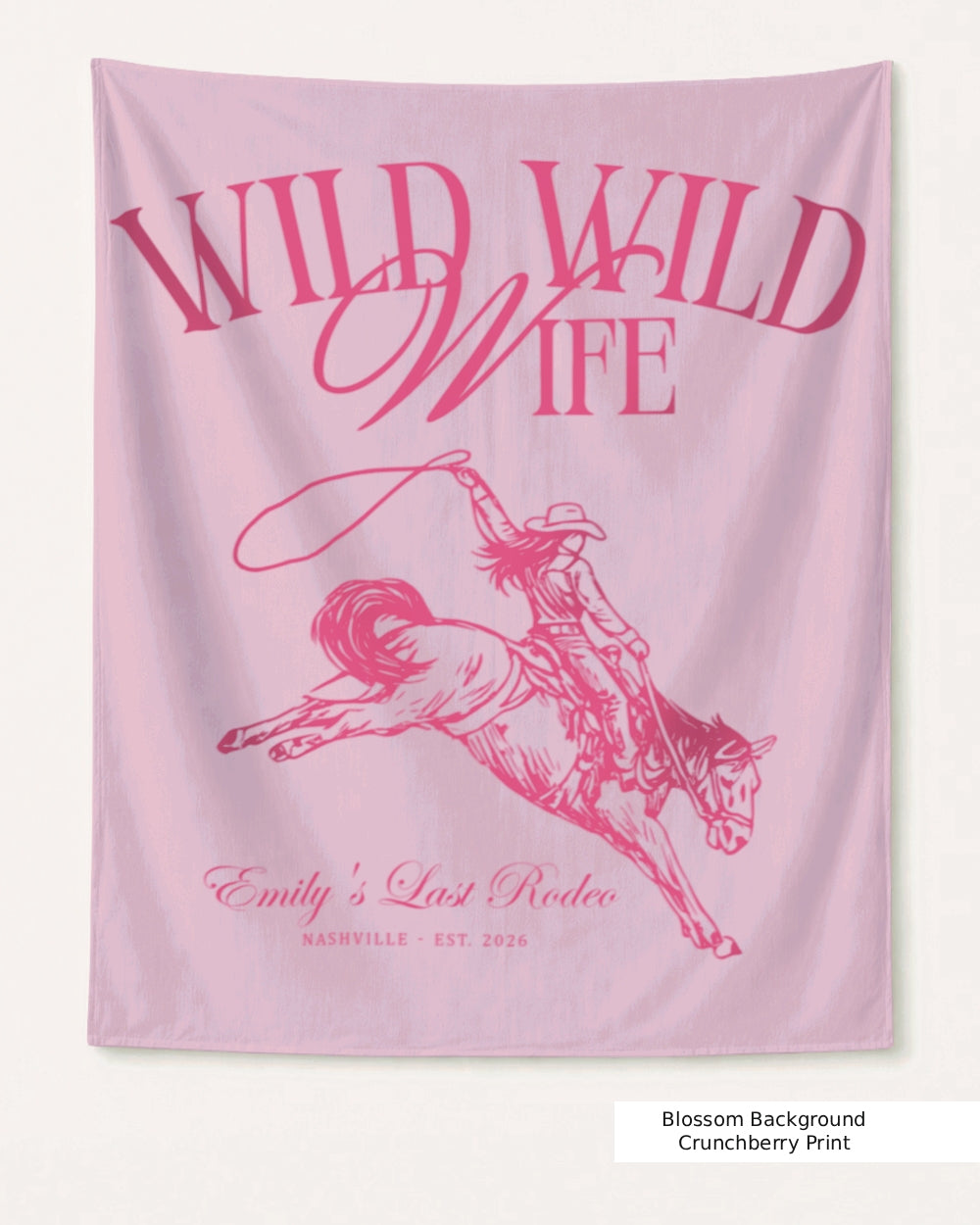 Personalized bachelorette banner with bride name, destination city, and year in vintage cowgirl script. Wild Wild Wife Last Rodeo theme, customizable for any bachelorette weekend.