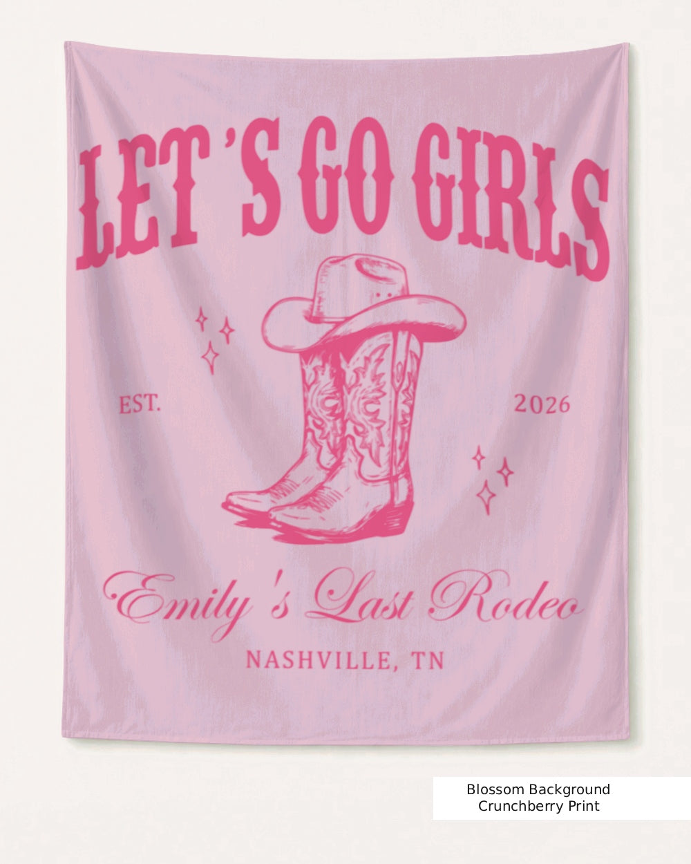 Gift idea for the bride's bachelorette crew: Last Rodeo country western party banner with vintage boot and hat art. Personalized with bride name, year, and destination city.