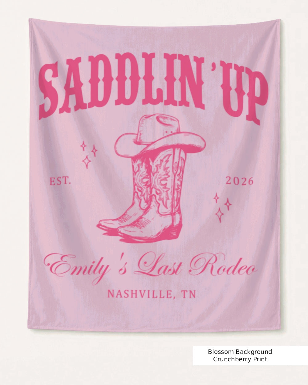 Gift idea for the bachelorette rodeo crew: Last Rodeo bachelorette banner with vintage western illustration. Personalized with bride name, year, and destination city for the full Nashville-style party setup.