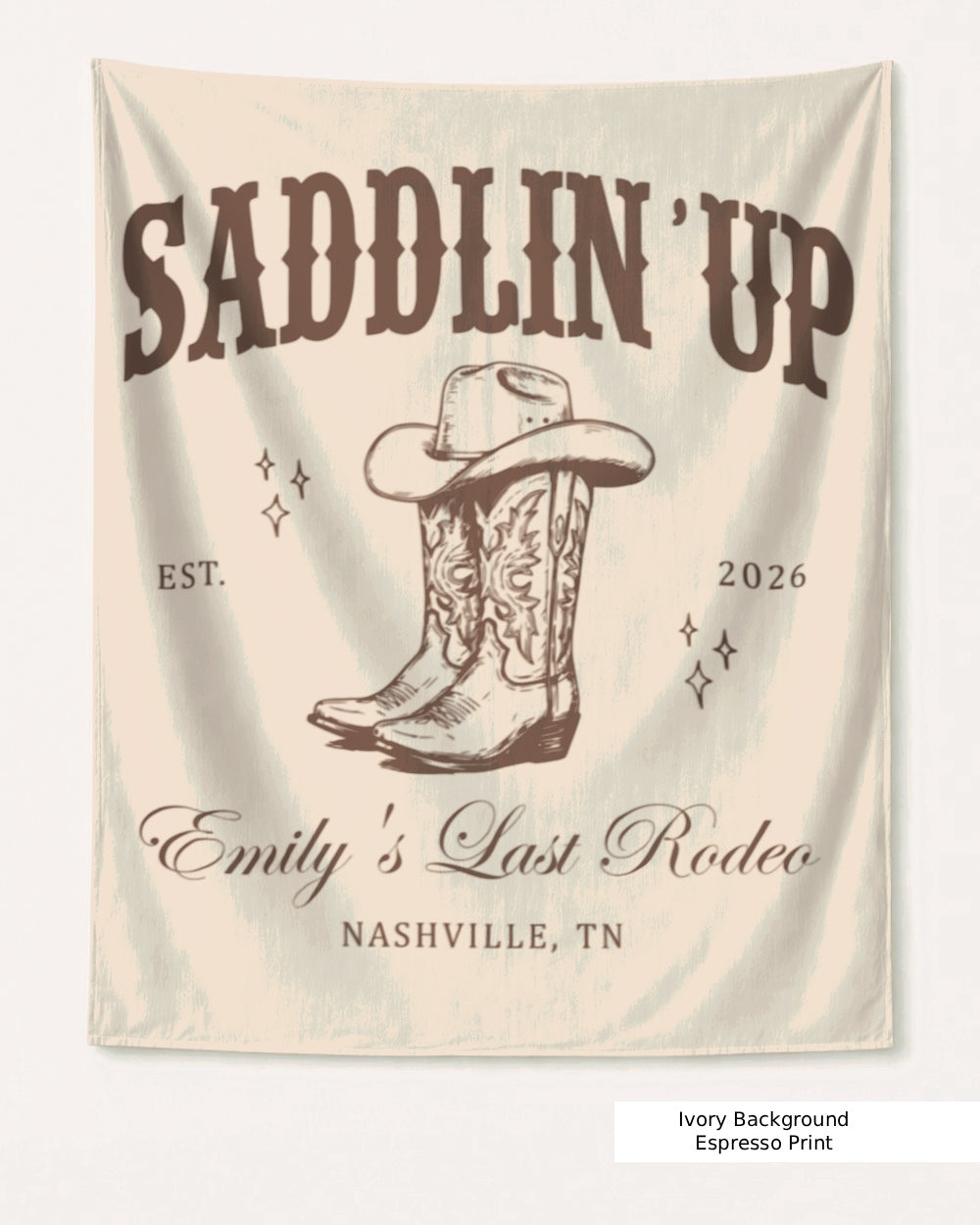 Personalized bachelorette rodeo banner with bride name, establishment year, and destination city. Custom Last Rodeo party decor for Nashville or any western-themed bachelorette weekend.