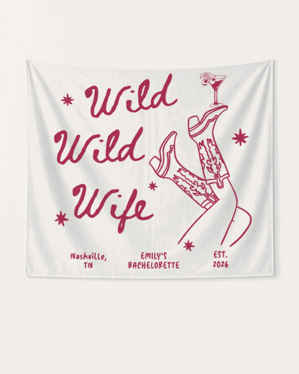 Boxy bachelorette party banner with Wild Wild Wife cowgirl and martini line art. Personalized with bride name, destination city, and year for the full weekend crew.